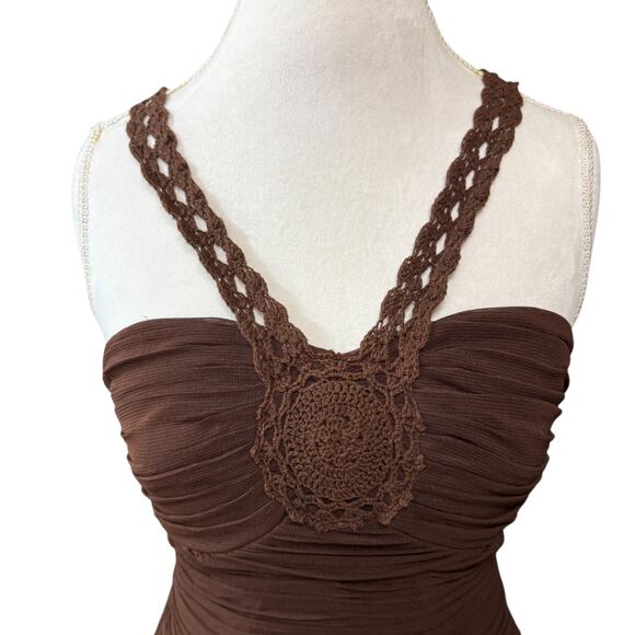 Sangria 6 Brown Midi Dress Ruched Crochet Boho Y2K Fairy RenFaire Fest‎ Romantic - Picture 2 of 12